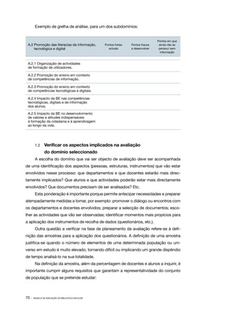 Exemplo de grelha de análise, para um dos subdomínios:


                                                                                   Pontos em que
 A.2 Promoção das literacias da informação,        Pontos fortes   Pontos fracos    ainda não se
     tecnológica e digital                           actuais       a desenvolver    pensou/ sem
                                                                                     informação



 A.2.1 Organização de actividades
 de formação de utilizadores.

 A.2.2 Promoção do ensino em contexto
 de competências de informação.

 A.2.3 Promoção do ensino em contexto
 de competências tecnológicas e digitais.

 A.2.4 Impacto da BE nas competências
 tecnológicas, digitais e de informação
 dos alunos.

 A.2.5 Impacto da BE no desenvolvimento
 de valores e atitudes indispensáveis
 à formação da cidadania e à aprendizagem
 ao longo da vida.




        1.2	    Verificar os aspectos implicados na avaliação
                do domínio seleccionado
        A escolha do domínio que vai ser objecto de avaliação deve ser acompanhada
de uma identificação dos aspectos (pessoas, estruturas, instrumentos) que vão estar
envolvidos nesse processo: que departamentos e que docentes estarão mais direc‑
tamente implicados? Que alunos e que actividades poderão estar mais directamente
envolvidos? Que documentos precisam de ser analisados? Etc.
        Esta ponderação é importante porque permite antecipar necessidades e preparar
atempadamente medidas a tomar, por exemplo: promover o diálogo ou encontros com
os departamentos e docentes envolvidos; preparar a selecção de documentos; esco‑
lher as actividades que vão ser observadas; identificar momentos mais propícios para
a aplicação dos instrumentos de recolha de dados (questionários, etc.).
        Outra questão a verificar na fase de planeamento da avaliação refere­se à defi‑
                                                                            ‑
nição das amostras para a aplicação dos questionários. A definição de uma amostra
justifica­se quando o número de elementos de uma determinada população ou uni‑
         ‑
verso em estudo é muito elevado, tornando difícil ou implicando um grande dispêndio
de tempo analisá­ lo na sua totalidade.
                ‑
        Na definição da amostra, além da percentagem de docentes e alunos a inquirir, é
importante cumprir alguns requisitos que garantam a representatividade do conjunto
de população que se pretende estudar:



70 ·   MODELO DE AVALIAÇÃO DA BIBLIOTECA ESCOLAR
 