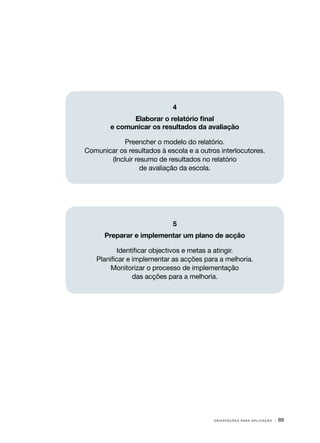 4
              Elaborar o relatório final
        e comunicar os resultados da avaliação

            Preencher o modelo do relatório.
Comunicar os resultados à escola e a outros interlocutores.
       (Incluir resumo de resultados no relatório
                  de avaliação da escola.




                            5
      Preparar e implementar um plano de acção

           Identificar objectivos e metas a atingir.
   Planificar e implementar as acções para a melhoria.
        Monitorizar o processo de implementação
                das acções para a melhoria.




                                          O R I E N TA Ç Õ E S P A R A A P L I C A Ç Ã O   · 89
 