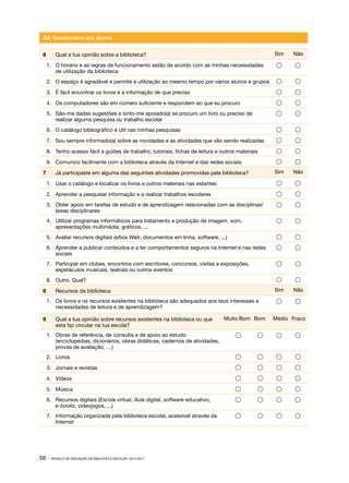 QA Questionário aos alunos
Sim

Não

1.	 O horário e as regras de funcionamento estão de acordo com as minhas necessidades
de utilização da biblioteca





2.	 O espaço é agradável e permite a utilização ao mesmo tempo por vários alunos e grupos





3.	 É fácil encontrar os livros e a informação de que preciso





4.	 Os computadores são em número suficiente e respondem ao que eu procuro





5.	 São-me dadas sugestões e sinto-me apoiado(a) se procuro um livro ou preciso de
realizar alguma pesquisa ou trabalho escolar





6.	 O catálogo bibliográfico é útil nas minhas pesquisas





7.	 Sou sempre informado(a) sobre as novidades e as atividades que vão sendo realizadas





8.	 Tenho acesso fácil a guiões de trabalho, tutoriais, fichas de leitura e outros materiais





9.	 Comunico facilmente com a biblioteca através da Internet e das redes sociais





Sim

Não

1.	 Usar o catálogo e localizar os livros e outros materiais nas estantes





2.	 Aprender a pesquisar informação e a realizar trabalhos escolares





3.	 Obter apoio em tarefas de estudo e de aprendizagem relacionadas com as disciplinas/
áreas disciplinares





4.	 Utilizar programas informáticos para tratamento e produção de imagem, som,
apresentações multimédia, gráficos, ...





5.	 Avaliar recursos digitais (sítios Web, documentos em linha, software, ...)





6.	 Aprender a publicar conteúdos e a ter comportamentos seguros na Internet e nas redes
sociais





7.	 Participar em clubes, encontros com escritores, concursos, visitas a exposições,
espetáculos musicais, teatrais ou outros eventos





8.	 Outro. Qual?





Sim

Não





6	

7	

8	

Qual a tua opinião sobre a biblioteca?

Já participaste em alguma das seguintes atividades promovidas pela biblioteca?

Recursos da biblioteca

1.	 Os livros e os recursos existentes na biblioteca são adequados aos teus interesses e
necessidades de leitura e de aprendizagem?
9	

Qual a tua opinião sobre recursos existentes na biblioteca ou que
esta faz circular na tua escola?

Muito Bom Bom

Médio Fraco

1.	 Obras de referência, de consulta e de apoio ao estudo
(enciclopédias, dicionários, obras didáticas, cadernos de atividades,
provas de avaliação, …)









2.	 Livros









3.	 Jornais e revistas









4.	 Vídeos









5.	 Música









6.	 Recursos digitais (Escola virtual, Aula digital, software educativo,
e-books, videojogos, ...)









7.	 Informação organizada pela biblioteca escolar, acessível através da
Internet









58 ·

MODELO DE AVALIAÇÃO DA BIBLIOTECA ESCOLAR: 2014-2017

 