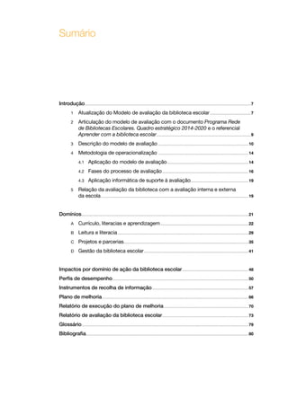 Sumário

Introdução.......................................................................................................................................................................................................7
1

	 Atualização do Modelo de avaliação da biblioteca escolar..................................................7

2

	
	

	 Articulação do modelo de avaliação com o documento Programa Rede
de Bibliotecas Escolares. Quadro estratégico 2014-2020 e o referencial
Aprender com a biblioteca escolar.................................................................................................................9

3

	 Descrição do modelo de avaliação............................................................................................................. 10

4

	 Metodologia de operacionalização ............................................................................................................ 14

	

4.1

	 Aplicação do modelo de avaliação.................................................................................................. 14

	

4.2

	 Fases do processo de avaliação........................................................................................................ 16

	

4.3

	 Aplicação informática de suporte à avaliação...................................................................... 19

5

	

	 Relação da avaliação da biblioteca com a avaliação interna e externa
da escola................................................................................................................................................................................. 19

Domínios........................................................................................................................................................................................................ 21
A

	 Currículo, literacias e aprendizagem.......................................................................................................... 22

B

	 Leitura e literacia............................................................................................................................................................. 29

C

	 Projetos e parcerias..................................................................................................................................................... 35

D

	 Gestão da biblioteca escolar.............................................................................................................................. 41

Impactos por domínio de ação da biblioteca escolar................................................................................ 48
Perfis de desempenho................................................................................................................................................................... 50
Instrumentos de recolha de informação.................................................................................................................... 57
Plano de melhoria................................................................................................................................................................................ 66
Relatório de execução do plano de melhoria...................................................................................................... 70
Relatório de avaliação da biblioteca escolar........................................................................................................ 73
Glossário........................................................................................................................................................................................................ 79
Bibliografia................................................................................................................................................................................................... 80

 