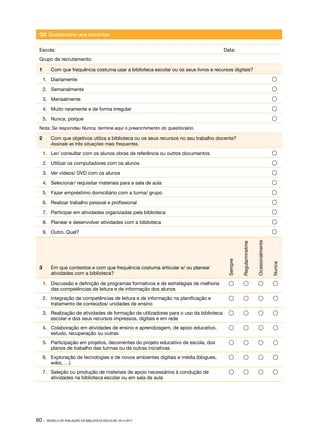 QD Questionário aos docentes
Escola:									Data:
Grupo de recrutamento:
1	

Com que frequência costuma usar a biblioteca escolar ou os seus livros e recursos digitais?

1.	 Diariamente	



2.	 Semanalmente	



3.	 Mensalmente	



4.	 Muito raramente e de forma irregular	



5.	 Nunca, porque	



Nota: Se respondeu Nunca, termine aqui o preenchimento do questionário.

2	

Com que objetivos utiliza a biblioteca ou os seus recursos no seu trabalho docente?
Assinale as três situações mais frequentes.

3.	 Ver vídeos/ DVD com os alunos	



4.	 Selecionar/ requisitar materiais para a sala de aula	



5.	 Fazer empréstimo domiciliário com a turma/ grupo	



6.	 Realizar trabalho pessoal e profissional	



7.	 Participar em atividades organizadas pela biblioteca	



8.	 Planear e desenvolver atividades com a biblioteca	



9.	 Outro. Qual?	



Nunca



Ocasionalmente

2.	 Utilizar os computadores com os alunos	

Regularmnetme



Sempre

1.	 Ler/ consultar com os alunos obras de referência ou outros documentos	

1.	 Discussão e definição de programas formativos e de estratégias de melhoria
das competências de leitura e de informação dos alunos









2.	 Integração de competências de leitura e de informação na planificação e
tratamento de conteúdos/ unidades de ensino









3.	 Realização de atividades de formação de utilizadores para o uso da biblioteca
escolar e dos seus recursos impressos, digitais e em rede









4.	 Colaboração em atividades de ensino e aprendizagem, de apoio educativo,
estudo, recuperação ou outras









5.	 Participação em projetos, decorrentes do projeto educativo de escola, dos
planos de trabalho das turmas ou de outras iniciativas









6.	 Exploração de tecnologias e de novos ambientes digitais e média (blogues,
wikis, …)









7.	 Seleção ou produção de materiais de apoio necessários à condução de
atividades na biblioteca escolar ou em sala de aula









3	

60 ·

Em que contextos e com que frequência costuma articular e/ ou planear
atividades com a biblioteca?

MODELO DE AVALIAÇÃO DA BIBLIOTECA ESCOLAR: 2014-2017

 