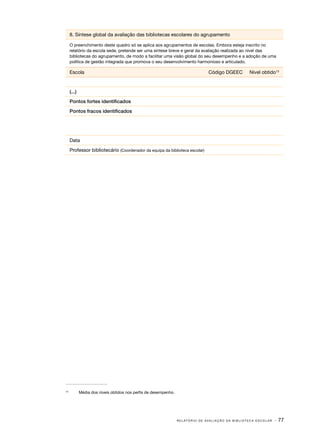 8. Síntese global da avaliação das bibliotecas escolares do agrupamento
O preenchimento deste quadro só se aplica aos agrupamentos de escolas. Embora esteja inscrito no
relatório da escola sede, pretende ser uma síntese breve e geral da avaliação realizada ao nível das
bibliotecas do agrupamento, de modo a facilitar uma visão global do seu desempenho e a adoção de uma
política de gestão integrada que promova o seu desenvolvimento harmonioso e articulado.

Escola

Código DGEEC

Nivel obtido13

(...)
Pontos fortes identificados
Pontos fracos identificados

Data
Professor bibliotecário (Coordenador da equipa da biblioteca escolar)

13	

Média dos níveis obtidos nos perfis de desempenho.

R E L AT Ó R I O D E A V A L I A Ç Ã O D A B I B L I O T E C A E S C O L A R

· 77

 