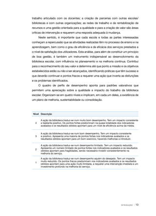 I N T R O D U Ç Ã O · 13
trabalho articulado com os docentes; a criação de parcerias com outras escolas/
bibliotecas e com outras organizações; as redes de trabalho e de rentabilização de
recursos e uma gestão orientada para a qualidade e para a criação de valor são áreas
críticas de intervenção e requerem uma resposta adequada à mudança.
Neste sentido, é importante que cada escola e todas as partes interessadas
conheçam a repercussão que as atividades realizadas têm no processo de ensino e na
aprendizagem, bem como o grau de eficiência e de eficácia dos serviços prestados e
o nível de satisfação dos utilizadores. Esta análise, para além de constituir um princípio
de boa gestão, é também um instrumento indispensável ao desenvolvimento da
biblioteca escolar, com influência no planeamento e na melhoria contínua. Contribui
para o reconhecimento do seu valor e determina até que ponto a missão e os objetivos
estabelecidos estão ou não a ser alcançados, identificando práticas que têm sucesso e
que deverão continuar e pontos fracos a requerer uma ação que inverta as disfunções
e os problemas identificados.
O quadro de perfis de desempenho aponta para padrões valorativos que
permitem uma apreciação sobre a qualidade e impacto do trabalho da biblioteca
escolar. Organizam-se em quatro níveis e implicam, em cada um deles, a existência de
um plano de melhoria, sustentabilidade ou consolidação.
Nível Descrição
4
A ação da biblioteca traduz-se num muito bom desempenho. Tem um impacto consistente
e bastante positivo. Os pontos fortes predominam na quase totalidade dos indicadores
avaliados e os resultados obtidos apontam para um nível de eficiência acima da média.
3
A ação da biblioteca traduz-se num bom desempenho. Tem um impacto consistente
e positivo. Apresenta uma maioria de pontos fortes nos indicadores avaliados e os
resultados obtidos apontam para um bom exercício, havendo melhorias a introduzir.
2
A ação da biblioteca traduz-se num desempenho limitado. Tem um impacto reduzido.
Apresenta um número limitado de pontos fortes nos indicadores avaliados e os resultados
obtidos apontam para fragilidades, sendo necessário investir consistentemente na
melhoria do serviço.
1
A ação da biblioteca traduz-se num desempenho aquém do desejado. Tem um impacto
muito reduzido. Os pontos fracos predominam nos indicadores avaliados e os resultados
obtidos apontam para uma ação muito limitada, a requerer uma intervenção imediata e um
investimento profundo na melhoria do serviço.
 