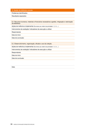 68 · MODELO DE AVALIAÇÃO DA BIBLIOTECA ESCOLAR
D. Gestão da biblioteca escolar
Problemas identificados
Resultados esperados
D.1 Recursos humanos, materiais e financeiros necessários à gestão, integração e valorização
da biblioteca.
Ações de melhoria a implementar (Enumerar por ordem de prioridade: 1, 2, 3, ...)
Instrumentos de avaliação/ indicadores de execução a utilizar
Responsáveis
Data de início
Data de conclusão
D. 2 Desenvolvimento, organização, difusão e uso da coleção.
Ações de melhoria a implementar (Enumerar por ordem de prioridade: 1, 2, 3, ...)
Instrumentos de avaliação/ indicadores de execução a utilizar
Responsáveis
Data de início
Data de conclusão
Data
 