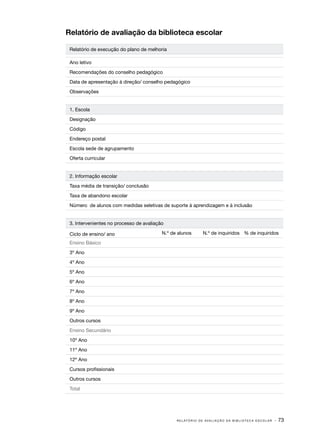 R E L AT Ó R I O D E AVA L I A Ç Ã O D A B I B L I O T E C A E S C O L A R · 73
Relatório de avaliação da biblioteca escolar
Relatório de execução do plano de melhoria
Ano letivo
Recomendações do conselho pedagógico
Data de apresentação à direção/ conselho pedagógico
Observações
1. Escola
Designação
Código
Endereço postal
Escola sede de agrupamento
Oferta curricular
2. Informação escolar
Taxa média de transição/ conclusão
Taxa de abandono escolar
Número de alunos com medidas seletivas de suporte à aprendizagem e à inclusão
3. Intervenientes no processo de avaliação
Ciclo de ensino/ ano N.º de alunos N.º de inquiridos % de inquiridos
Ensino Básico
3º Ano
4º Ano
5º Ano
6º Ano
7º Ano
8º Ano
9º Ano
Outros cursos
Ensino Secundário
10º Ano
11º Ano
12º Ano
Cursos profissionais
Outros cursos
Total
 
