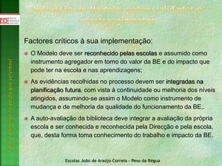 Escolas João de Araújo Correia - Peso da Régua
Fazeradiferençanaescolaqueservimos!
Factores críticos à sua implementação:
 O Modelo deve ser reconhecido pelas escolas e assumido como
instrumento agregador em torno do valor da BE e do impacto que
pode ter na escola e nas aprendizagens;
 As evidências recolhidas no processo devem ser integradas na
planificação futura, com vista à continuidade ou melhoria dos níveis
atingidos, assumindo-se assim o Modelo como instrumento de
mudança e de melhoria da qualidade do funcionamento da BE,.
 A auto-avaliação da biblioteca deve integrar a avaliação da própria
escola e ser conhecida e reconhecida pela Direcção e pela escola,
que, desta forma toma conhecimento do trabalho e impacto da BE.
 