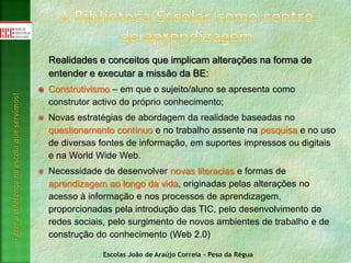 Escolas João de Araújo Correia - Peso da Régua
Fazeradiferençanaescolaqueservimos!
Realidades e conceitos que implicam alterações na forma de
entender e executar a missão da BE:
 Construtivismo – em que o sujeito/aluno se apresenta como
construtor activo do próprio conhecimento;
 Novas estratégias de abordagem da realidade baseadas no
questionamento contínuo e no trabalho assente na pesquisa e no uso
de diversas fontes de informação, em suportes impressos ou digitais
e na World Wide Web.
 Necessidade de desenvolver novas literacias e formas de
aprendizagem ao longo da vida, originadas pelas alterações no
acesso à informação e nos processos de aprendizagem,
proporcionadas pela introdução das TIC, pelo desenvolvimento de
redes sociais, pelo surgimento de novos ambientes de trabalho e de
construção do conhecimento (Web 2.0)
 