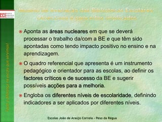 Escolas João de Araújo Correia - Peso da Régua
Fazeradiferençanaescolaqueservimos!
 Aponta as áreas nucleares em que se deverá
processar o trabalho da/com a BE e que têm sido
apontadas como tendo impacto positivo no ensino e na
aprendizagem.
 O quadro referencial que apresenta é um instrumento
pedagógico e orientador para as escolas, ao definir os
factores críticos e de sucesso da BE e sugerir
possíveis acções para a melhoria.
 Engloba os diferentes níveis de escolaridade, definindo
indicadores a ser aplicados por diferentes níveis.
 