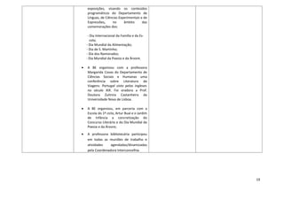 exposições, visando os conteúdos
    programáticos do Departamento de
    Línguas, de Ciências Experimentais e de
    Expressões,     no      âmbito      das
    comemorações dos:

     - Dia Internacional da Família e da Es-
       cola;
    - Dia Mundial da Alimentação;
    - Dia de S. Martinho;
    - Dia dos Namorados;
    - Dia Mundial da Poesia e da Árvore.

•   A BE organizou com a professora
    Margarida Covas do Departamento de
    Ciências Sociais e Humanas uma
    conferência sobre Literatura de
    Viagens: Portugal visto pelos ingleses
    no século XIX. Foi oradora a Prof.
    Doutora Zulmira Castanheira da
    Universidade Nova de Lisboa.

•   A BE organizou, em parceria com a
    Escola do 1º ciclo, Artur Bual e o Jardim
    de Infância a concretização do
    Concurso Literário e do Dia Mundial da
    Poesia e da Árvore;
•   A professora bibliotecária participou
    em todas as reuniões de trabalho e
    atividades    agendadas/dinamizadas
    pela Coordenadora Interconcelhia.




                                                19
 
