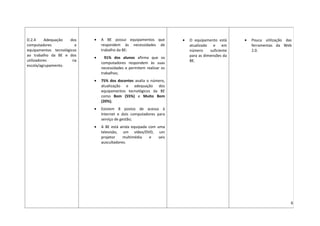 D.2.4     Adequação   dos   •   A BE possui equipamentos que          •   O equipamento está      •   Pouca utilização das
computadores            e       respondem às necessidades de              atualizado e em             ferramentas da Web
equipamentos tecnológicos       trabalho da BE:                           número     suficiente       2.0.
ao trabalho da BE e dos                                                   para as dimensões da
                            •     91% dos alunos afirma que os
utilizadores           na                                                 BE.
                                computadores respondem às suas
escola/agrupamento.
                                necessidades e permitem realizar os
                                trabalhos;
                            •   75% dos docentes avalia o número,
                                atualização e adequação dos
                                equipamentos tecnológicos da BE
                                como Bom (55%) e Muito Bom
                                (20%);
                            •   Existem 8 postos de acesso à
                                Internet e dois computadores para
                                serviço de gestão;
                            •   A BE está ainda equipada com uma
                                televisão, um vídeo/DVD, um
                                projetor    multimédia   e    seis
                                auscultadores.




                                                                                                                         6
 