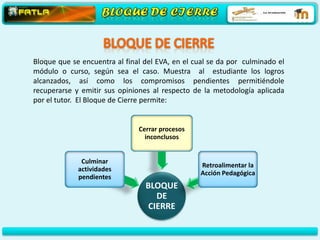 Bloque que se encuentra al final del EVA, en el cual se da por culminado el
módulo o curso, según sea el caso. Muestra al estudiante los logros
alcanzados, así como los compromisos pendientes permitiéndole
recuperarse y emitir sus opiniones al respecto de la metodología aplicada
por el tutor. El Bloque de Cierre permite:


                               Cerrar procesos
                                 inconclusos


              Culminar
                                                  Retroalimentar la
             actividades
                                                  Acción Pedagógica
             pendientes
                                 BLOQUE
                                   DE
                                 CIERRE
 