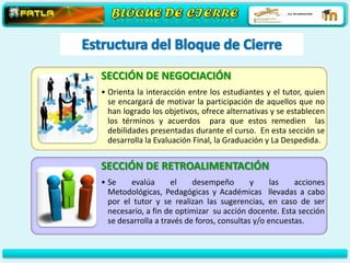 SECCIÓN DE NEGOCIACIÓN
• Orienta la interacción entre los estudiantes y el tutor, quien
  se encargará de motivar la participación de aquellos que no
  han logrado los objetivos, ofrece alternativas y se establecen
  los términos y acuerdos para que estos remedien las
  debilidades presentadas durante el curso. En esta sección se
  desarrolla la Evaluación Final, la Graduación y La Despedida.


SECCIÓN DE RETROALIMENTACIÓN
• Se    evalúa       el    desempeño        y     las   acciones
  Metodológicas, Pedagógicas y Académicas llevadas a cabo
  por el tutor y se realizan las sugerencias, en caso de ser
  necesario, a fin de optimizar su acción docente. Esta sección
  se desarrolla a través de foros, consultas y/o encuestas.
 
