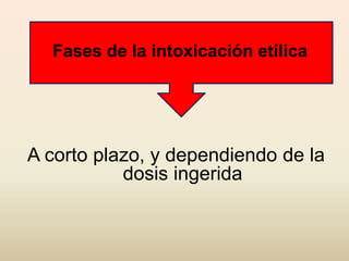 A corto plazo, y dependiendo de la
dosis ingerida
Fases de la intoxicación etílica
 