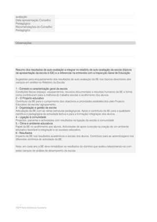 avaliação
Data apresentação Conselho
Pedagógico
Recomendações do Conselho
Pedagógico



Observações




Resumo dos resultados de auto-avaliação a integrar no relatório de auto-avaliação da escola (tópicos
de apresentação da escola à IGE) e a referenciar na entrevista com a Inspecção Geral de Educação

Sugestões para enquadramento dos resultados de auto-avaliação da BE nos tópicos descritores dos
campos em análise no Relatório da Escola:

1 - Contexto e caracterização geral da escola
Condições físicas (espaço, equipamentos, recursos documentais) e recursos humanos da BE e forma
como contribuíram para a melhoria do trabalho escolar e acolhimento dos alunos.
2 – O Projecto educativo
Contributo da BE para o cumprimento dos objectivos e prioridades estabelecidos pelo Projecto
Educativo da escola/ agrupamento.
3 - Organização e gestão da escola
Articulação da BE com as várias estruturas pedagógicas. Apoio e contributo da BE para a qualidade
científica e pedagógica da actividade lectiva e para a formação/ integração dos alunos.
4 – Ligação à comunidade
Projectos, parcerias e actividades com resultados na ligação da escola à comunidade.
5 – Clima e ambiente educativos
Papel da BE no acolhimento aos alunos. Actividades de apoio à escola na criação de um ambiente
educativo favorável à integração e ao sucesso educativo.
6 - Resultados
Impacto da BE nos resultados académicos e sociais dos alunos. Contributo para as aprendizagens nos
diferentes domínios de actividade da BE.

Nota: em cada ano a BE deve rentabilizar os resultados do domínio que avaliou relacionando-os com
estes campos de análise de desempenho da escola.




112 • Rede Bibliotecas Escolares
 