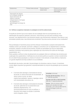 Subdomínio                       Pontos fortes actuais   Pontos fracos a       Pontos em que ainda
                                                          desenvolver           não se pensou / sem
                                                                                informação
 informação dos alunos
 A.2.5 Impacto da BE no
 desenvolvimento de
 valores e atitudes
 indispensáveis à formação
 da cidadania e à
 aprendizagem ao longo da
 vida



2.2. Verificar os aspectos implicados na avaliação do domínio seleccionado

A escolha do domínio que vai ser objecto de auto-avaliação deve ser acompanhada de uma
identificação dos aspectos (pessoas, estruturas, instrumentos) que vão estar envolvidos nesse
processo: que departamentos e que docentes estarão mais directamente implicados? Que alunos e que
actividades poderão estar mais directamente envolvidos? Que documentos precisam de ser analisados?
…

Esta ponderação é importante porque permite antecipar necessidades e preparar atempadamente
medidas a tomar, por exemplo: promover o diálogo ou encontros com os departamentos e docentes
envolvidos; preparar a recolha de documentos; escolher as actividades que vão ser observadas;
identificar momentos mais propícios para a aplicação dos instrumentos de recolha de informação
(questionários, etc.).
Outra questão a verificar na fase de planeamento da avaliação refere-se à definição das amostras para
a aplicação dos questionários. A definição de uma amostra justifica-se quando o número de elementos
de uma determinada população ou universo em estudo é muito elevado, tornado difícil ou implicando
um grande dispêndio de tempo analisá-lo na sua totalidade.

Na definição da amostra, para além da percentagem de docentes e alunos a inquirir, é importante
cumprir alguns requisitos que garantam a representatividade do conjunto de população que se pretende
estudar:



        A amostra deve abranger a diversidade de alunos
                                                                    Amostras (mínimas):
         da escola: os vários anos/ciclos de escolaridade, os
                                                                    Escolas até 49 docentes: 30% do
         vários cursos e turnos; as várias
                                                                    n.º total de docentes.
         origens/nacionalidades; rapazes e raparigas; alunos
         com necessidades educativas, etc.                          Escolas com 50 ou mais docentes:
                                                                    20% do n.º total de docentes.

        A amostra deve abranger a diversidade de docentes          Alunos: 10% do número total de
                                                                    alunos (em escolas de maior
         da escola, aplicando-se os questionários aos
                                                                    dimensão, com mais de 800 alunos,
         diferentes departamentos, nos                              esta percentagem pode ser
         domínios/subdomínios em que se justifique; a               inferior).
         docentes mais antigos na escola e a docentes
         recém-chegados, outros.




56 • Rede Bibliotecas Escolares
 
