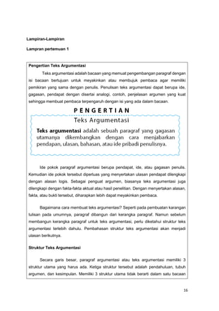 16
Lampiran-Lampiran
Lampran pertemuan 1
Pengertian Teks Argumentasi
Teks argumentasi adalah bacaan yang memuat pengembangan paragraf dengan
isi bacaan bertujuan untuk meyakinkan atau membujuk pembaca agar memiliki
pemikiran yang sama dengan penulis. Penulisan teks argumentasi dapat berupa ide,
gagasan, pendapat dengan disertai analogi, contoh, penjelasan argumen yang kuat
sehingga membuat pembaca terpengaruh dengan isi yang ada dalam bacaan.
Ide pokok paragraf argumentasi berupa pendapat, ide, atau gagasan penulis.
Kemudian ide pokok tersebut diperluas yang menyertakan ulasan pendapat dilengkapi
dengan alasan logis. Sebagai penguat argumen, biasanya teks argumentasi juga
dilengkapi dengan fakta-fakta aktual atau hasil penelitian. Dengan menyertakan alasan,
fakta, atau bukti tersebut, diharapkan lebih dapat meyakinkan pembaca.
Bagaimana cara membuat teks argumentasi? Seperti pada pembuatan karangan
tulisan pada umumnya, paragraf dibangun dari kerangka paragraf. Namun sebelum
membangun kerangka paragraf untuk teks argumentasi, perlu diketahui struktur teks
argumentasi terlebih dahulu. Pembahasan struktur teks argumentasi akan menjadi
ulasan berikutnya.
Struktur Teks Argumentasi
Secara garis besar, paragraf argumentasi atau teks argumentasi memiliki 3
struktur utama yang harus ada. Ketiga struktur tersebut adalah pendahuluan, tubuh
argumen, dan kesimpulan. Memiliki 3 struktur utama tidak berarti dalam satu bacaan
 