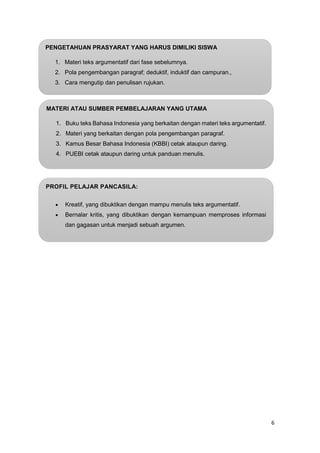 6
PROFIL PELAJAR PANCASILA:
 Kreatif, yang dibuktikan dengan mampu menulis teks argumentatif.
 Bernalar kritis, yang dibuktikan dengan kemampuan memproses informasi
dan gagasan untuk menjadi sebuah argumen.
PENGETAHUAN PRASYARAT YANG HARUS DIMILIKI SISWA
1. Materi teks argumentatif dari fase sebelumnya.
2. Pola pengembangan paragraf; deduktif, induktif dan campuran.,
3. Cara mengutip dan penulisan rujukan.
MATERI ATAU SUMBER PEMBELAJARAN YANG UTAMA
1. Buku teks Bahasa Indonesia yang berkaitan dengan materi teks argumentatif.
2. Materi yang berkaitan dengan pola pengembangan paragraf.
3. Kamus Besar Bahasa Indonesia (KBBI) cetak ataupun daring.
4. PUEBI cetak ataupun daring untuk panduan menulis.
 