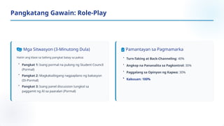 Mga Sitwasyon (3-Minutong Dula)
Hatiin ang klase sa tatlong pangkat batay sa paksa:
Pamantayan sa Pagmamarka
• Pangkat 1: Isang pormal na pulong ng Student Council
(Pormal)
• Pangkat 2: Magkakaibigang nagpaplano ng bakasyon
(Di-Pormal)
• Pangkat 3: Isang panel discussion tungkol sa
paggamit ng AI sa paaralan (Pormal)
• Turn-Taking at Back-Channeling: 40%
• Angkop na Pananalita sa Pagkontrol: 30%
• Paggalang sa Opinyon ng Kapwa: 30%
• Kabuuan: 100%
Pangkatang Gawain: Role-Play
 