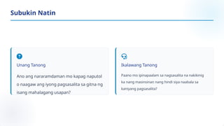 Unang Tanong
Ano ang nararamdaman mo kapag naputol
o naagaw ang iyong pagsasalita sa gitna ng
isang mahalagang usapan?
Ikalawang Tanong
Paano mo ipinapaalam sa nagsasalita na nakikinig
ka nang masinsinan nang hindi siya naabala sa
kaniyang pagsasalita?
Subukin Natin
 