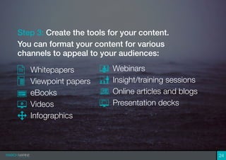 24
Step 3: Create the tools for your content.
You can format your content for various
channels to appeal to your audiences:
	Whitepapers
	 Viewpoint papers
	eBooks
	Videos
	Infographics
	Webinars
	 Insight/training sessions
	Online articles and blogs
	 Presentation decks
 