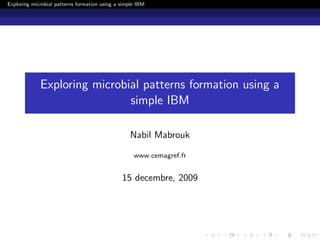 Exploring microbial patterns formation using a simple IBM




             Exploring microbial patterns formation using a
                              simple IBM

                                                  Nabil Mabrouk

                                                    www.cemagref.fr


                                               15 decembre, 2009
 
