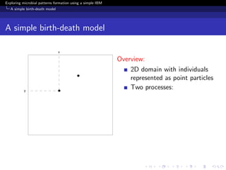 Exploring microbial patterns formation using a simple IBM
   A simple birth-death model




A simple birth-death model


                                                            Overview:
                                                                2D domain with individuals
                                                                represented as point particles
                                                                Two processes:
 