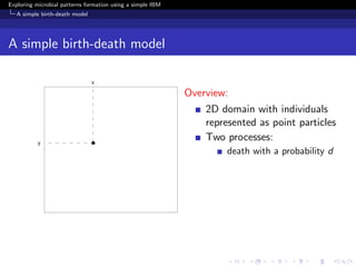 Exploring microbial patterns formation using a simple IBM
   A simple birth-death model




A simple birth-death model


                                                            Overview:
                                                                2D domain with individuals
                                                                represented as point particles
                                                                Two processes:
                                                                    death with a probability d
 
