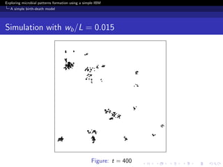 Exploring microbial patterns formation using a simple IBM
   A simple birth-death model




Simulation with wb /L = 0.015




                                                   Figure: t = 400
 