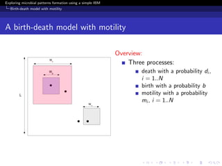 Exploring microbial patterns formation using a simple IBM
   Birth-death model with motility




A birth-death model with motility

                                                            Overview:
                                                                Three processes:
                                                                     death with a probability di ,
                                                                     i = 1..N
                                                                     birth with a probability b
                                                                     motility with a probability
                                                                     mi , i = 1..N
 