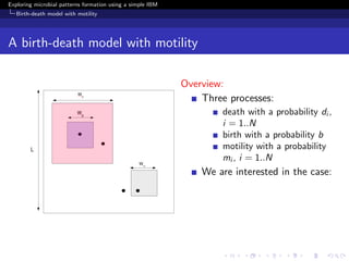 Exploring microbial patterns formation using a simple IBM
   Birth-death model with motility




A birth-death model with motility

                                                            Overview:
                                                                Three processes:
                                                                     death with a probability di ,
                                                                     i = 1..N
                                                                     birth with a probability b
                                                                     motility with a probability
                                                                     mi , i = 1..N
                                                                We are interested in the case:
 