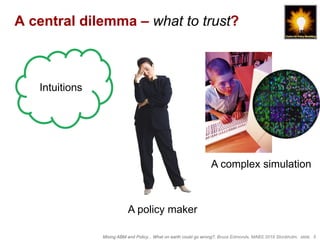 Mixing ABM and Policy... What on earth could go wrong?, Bruce Edmonds, MABS 2018 Stockholm. slide 5
A central dilemma – what to trust?
Intuitions
A complex simulation
A policy maker
 