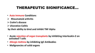 THERAPEUTIC SIGNIFICANCE…
• Auto immune Conditions
 Rheumatoid arthritis
 Crohn’s disease
 Ulcerative Colitis
by their ability to bind and inhibit TNF Alpha
• Acute rejection of organ transplants by inhibiting Interleukin-2 on
activated T cells
• Allergic Asthma by inhibiting IgE Antibodies
• Malignancies of solid organs
 