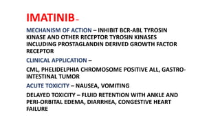 IMATINIB–
MECHANISM OF ACTION – INHIBIT BCR-ABL TYROSIN
KINASE AND OTHER RECEPTOR TYROSIN KINASES
INCLUDING PROSTAGLANDIN DERIVED GROWTH FACTOR
RECEPTOR
CLINICAL APPLICATION –
CML, PHELIDELPHIA CHROMOSOME POSITIVE ALL, GASTRO-
INTESTINAL TUMOR
ACUTE TOXICITY – NAUSEA, VOMITING
DELAYED TOXICITY – FLUID RETENTION WITH ANKLE AND
PERI-ORBITAL EDEMA, DIARRHEA, CONGESTIVE HEART
FAILURE
 