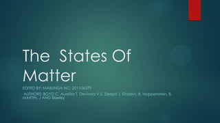 The States Of
Matter
EDITED BY: MABUNDA NC: 201106379
AUTHORS: BOYD C, Aurellia T, Devinda V.S, Deepti J, Einstein, B, Hoppenstein, B,
MARTIN, J AND Stanley

 
