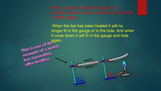 When a solid is heated it expands. For
example, when it is cool a metal bar fits inside
a metal gauge.
When the bar has be...