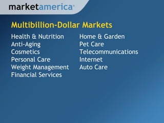 Multibillion-Dollar Markets market america Health & Nutrition Anti-Aging Cosmetics Personal Care Weight Management Financial Services Home & Garden Pet Care Telecommunications Internet Auto Care ® 