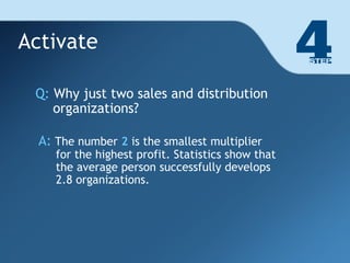 Activate Q:   Why just two sales and distribution organizations? A:  The number  2  is the smallest multiplier for the highest profit. Statistics show that the average person successfully develops 2.8 organizations. 