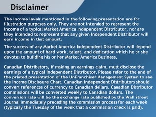 Disclaimer The income levels mentioned in the following presentation are for illustration purposes only. They are not intended to represent the income of a typical Market America Independent Distributor, nor are they intended to represent that any given Independent Distributor will earn income in that amount.   The success of any Market America Independent Distributor will depend upon the amount of hard work, talent, and dedication which he or she devotes to building his or her Market America Business. Canadian Distributors, if making an earnings claim, must disclose the earnings of a typical Independent Distributor. Please refer to the end of the printed presentation of the UnFranchise ®   Management System to see the Income Disclosure Chart. Canadian Independent Distributors should convert references of currency to Canadian dollars. Canadian Distributor commissions will be converted weekly to Canadian dollars. The conversion rate will be the exchange rate published by the Wall Street Journal immediately preceding the commission process for each week (typically the Tuesday of the week that a commission check is paid). 