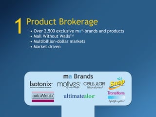 1 Product Brokerage •  Over 2,500 exclusive m a ® -brands and products •  Mall Without Walls TM •  Multibillion-dollar markets •  Market driven 