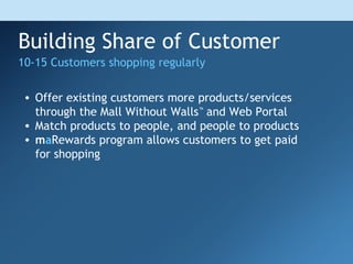 Building Share of Customer
• Offer existing customers more products/services
through the Mall Without Walls™
and Web Portal
• Match products to people, and people to products
• maRewards program allows customers to get paid
for shopping
10-15 Customers shopping regularly
 