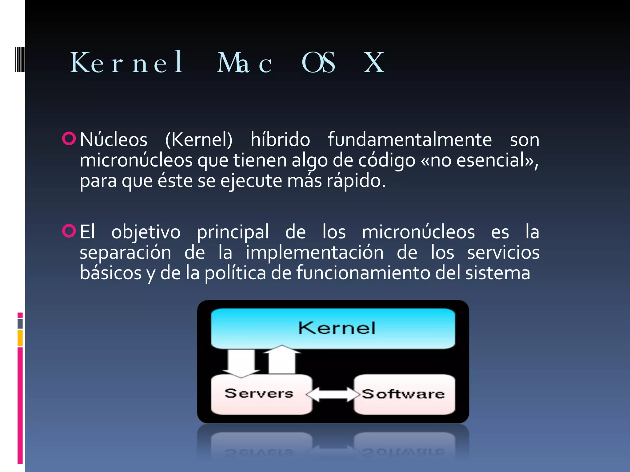 Kernel Mac OS X Núcleos (Kernel) híbrido fundamentalmente son micronúcleos que tienen algo de código «no esencial», para que éste se ejecute más rápido.  El objetivo principal de los micronúcleos es la separación de la implementación de los servicios básicos y de la política de funcionamiento del sistema 