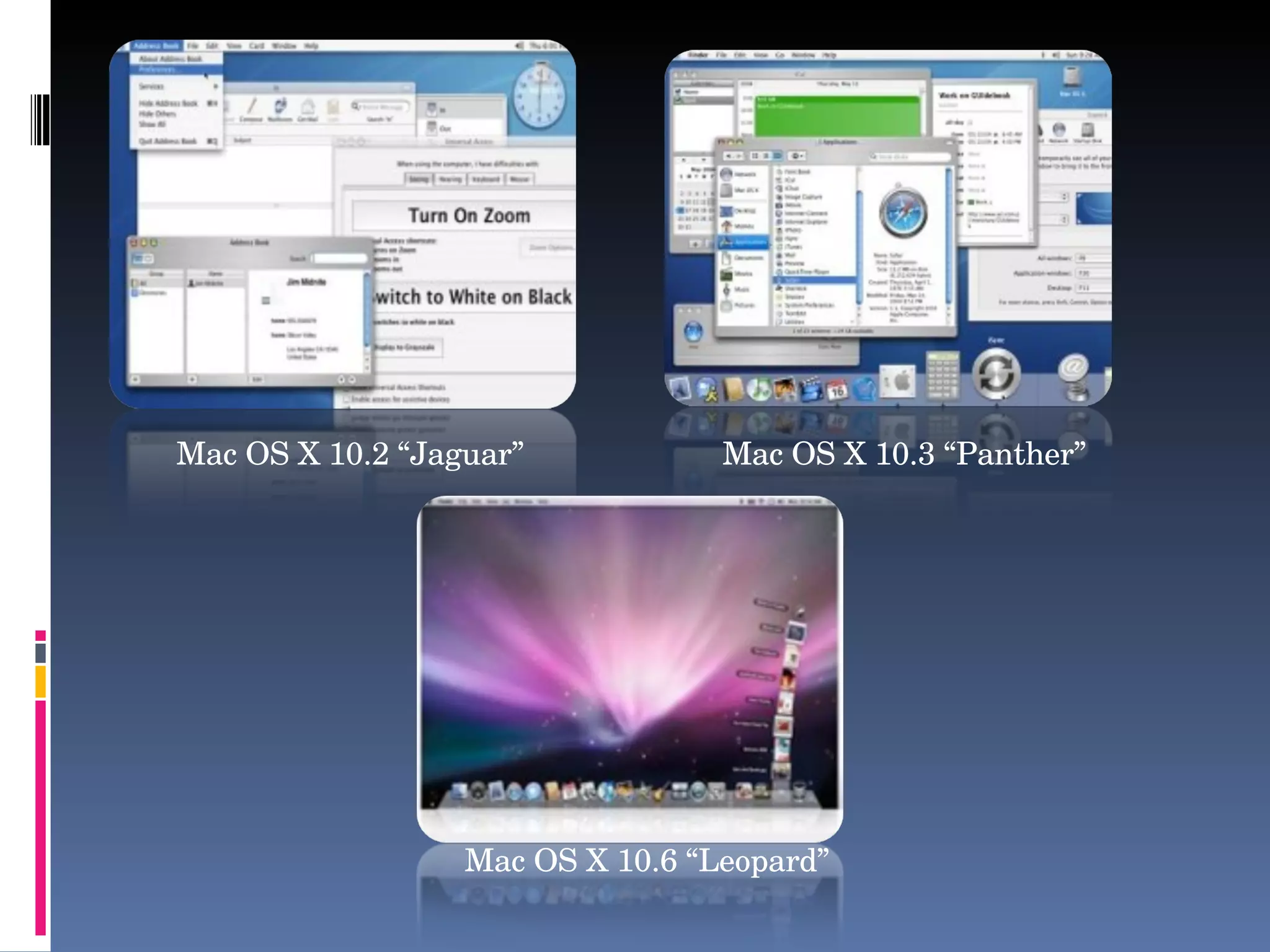 Mac OS X 10.2 “Jaguar” Mac OS X 10.3 “Panther” Mac OS X 10.6 “Leopard” 