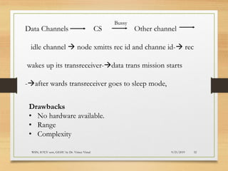 9/21/2019WSN; IOT;V sem, GEHU by Dr. Vrince Vimal 32
Data Channels CS Other channel
idle channel → node xmitts rec id and channe id-→ rec
wakes up its transreceiver-→data trans mission starts
-→after wards transreceiver goes to sleep mode,
Bussy
Drawbacks
• No hardware available.
• Range
• Complexity
 