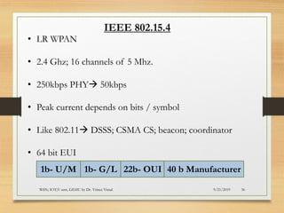 9/21/2019WSN; IOT;V sem, GEHU by Dr. Vrince Vimal 36
IEEE 802.15.4
• LR WPAN
• 2.4 Ghz; 16 channels of 5 Mhz.
• 250kbps PHY→ 50kbps
• Peak current depends on bits / symbol
• Like 802.11→ DSSS; CSMA CS; beacon; coordinator
• 64 bit EUI
1b- U/M 1b- G/L 22b- OUI 40 b Manufacturer
 