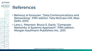 References
• Behrouz A Forouzan, “Data Communications and
Networking”, Fifth edition, Tata McGraw–Hill, New
Delhi, 2013.
• Larry L. Peterson, Bruce S. Davie, “Computer
Networks: A Systems Approach”, Fifth edition,
Morgan Kaufmann Publishers Inc., 2011.
Adapted from lecture slides by Behrouz A. Forouzan
 