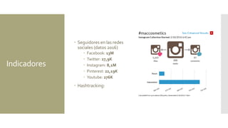 Indicadores
 Seguidores en las redes
sociales (datos 2016)
 Facebook: 13M
 Twitter: 27,9K
 Instagram: 8,1M
 Pinterest: 22,19K
 Youtube: 276K
 Hashtracking:
 