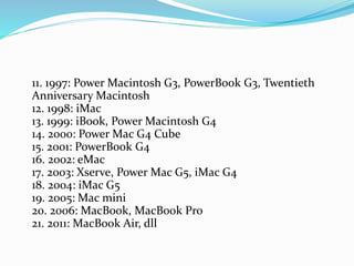11. 1997: Power Macintosh G3, PowerBook G3, Twentieth
Anniversary Macintosh
12. 1998: iMac
13. 1999: iBook, Power Macintosh G4
14. 2000: Power Mac G4 Cube
15. 2001: PowerBook G4
16. 2002: eMac
17. 2003: Xserve, Power Mac G5, iMac G4
18. 2004: iMac G5
19. 2005: Mac mini
20. 2006: MacBook, MacBook Pro
21. 2011: MacBook Air, dll
 