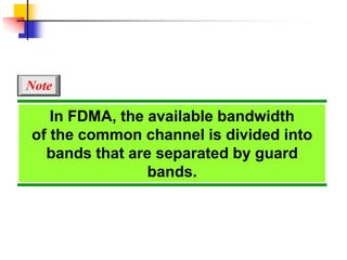 In FDMA, the available bandwidth
of the common channel is divided into
bands that are separated by guard
bands.
Note
 