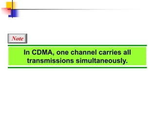 In CDMA, one channel carries all
transmissions simultaneously.
Note
 