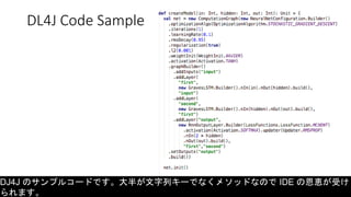 DL4J Code Sample
DJ4J のサンプルコードです。大半が文字列キーでなくメソッドなので IDE の恩恵が受け
られます。
 